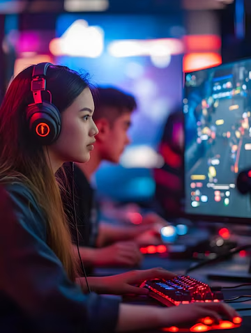 girl wearing headphones sitting and playing game