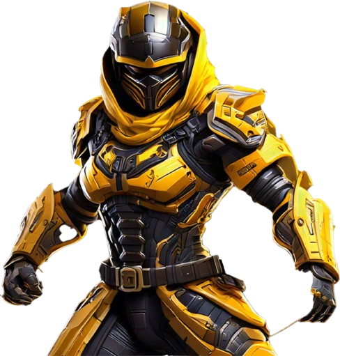 robot wearing yellow and black shield